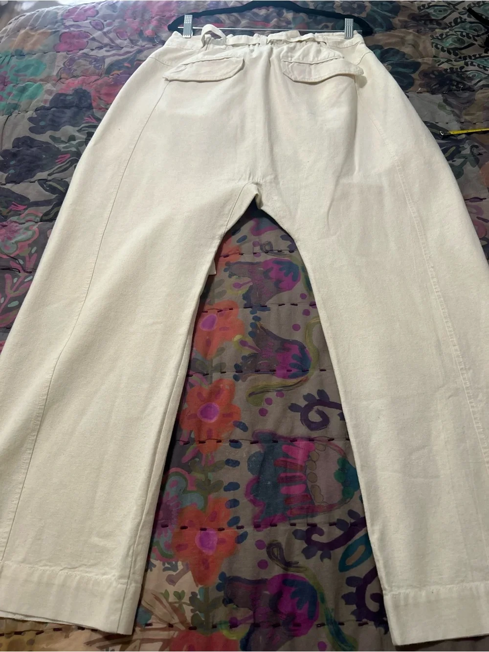 Unique High-Rise Wide Leg Harem Cream Pants w/Tie Waist and Welt Pockets